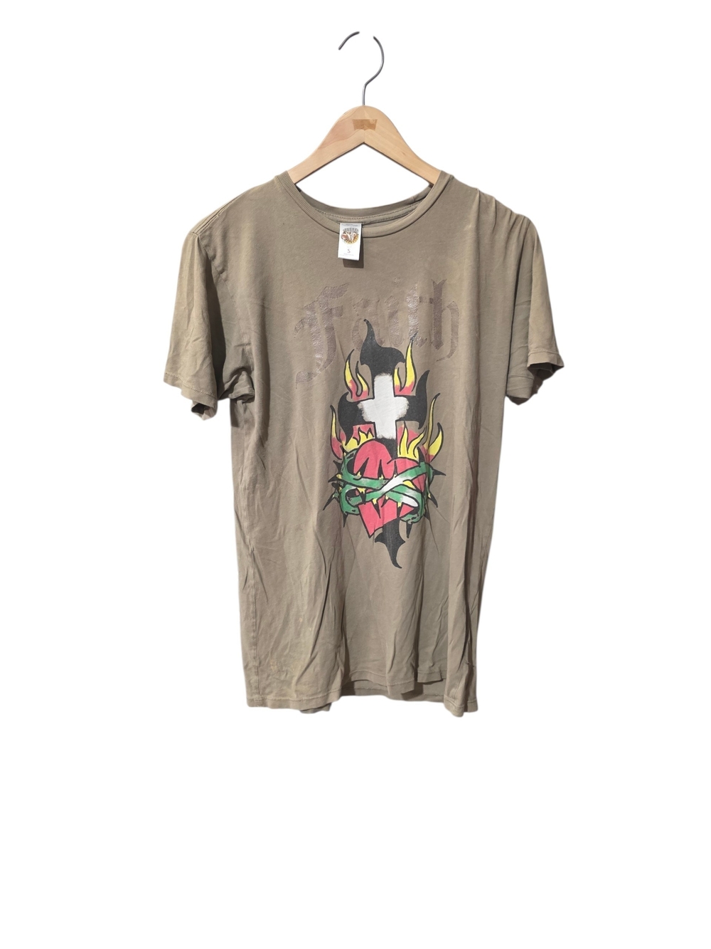 Ed Hardy Olive Green Short Sleeve Tee with Colorful Heart & Flame Graphic